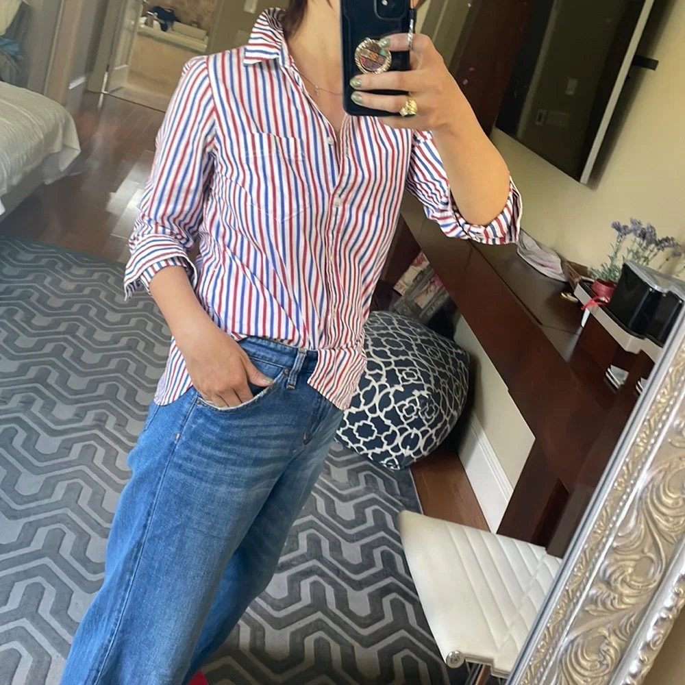 J Crew Womens Washed 4th July Red White Blue Striped Shirt